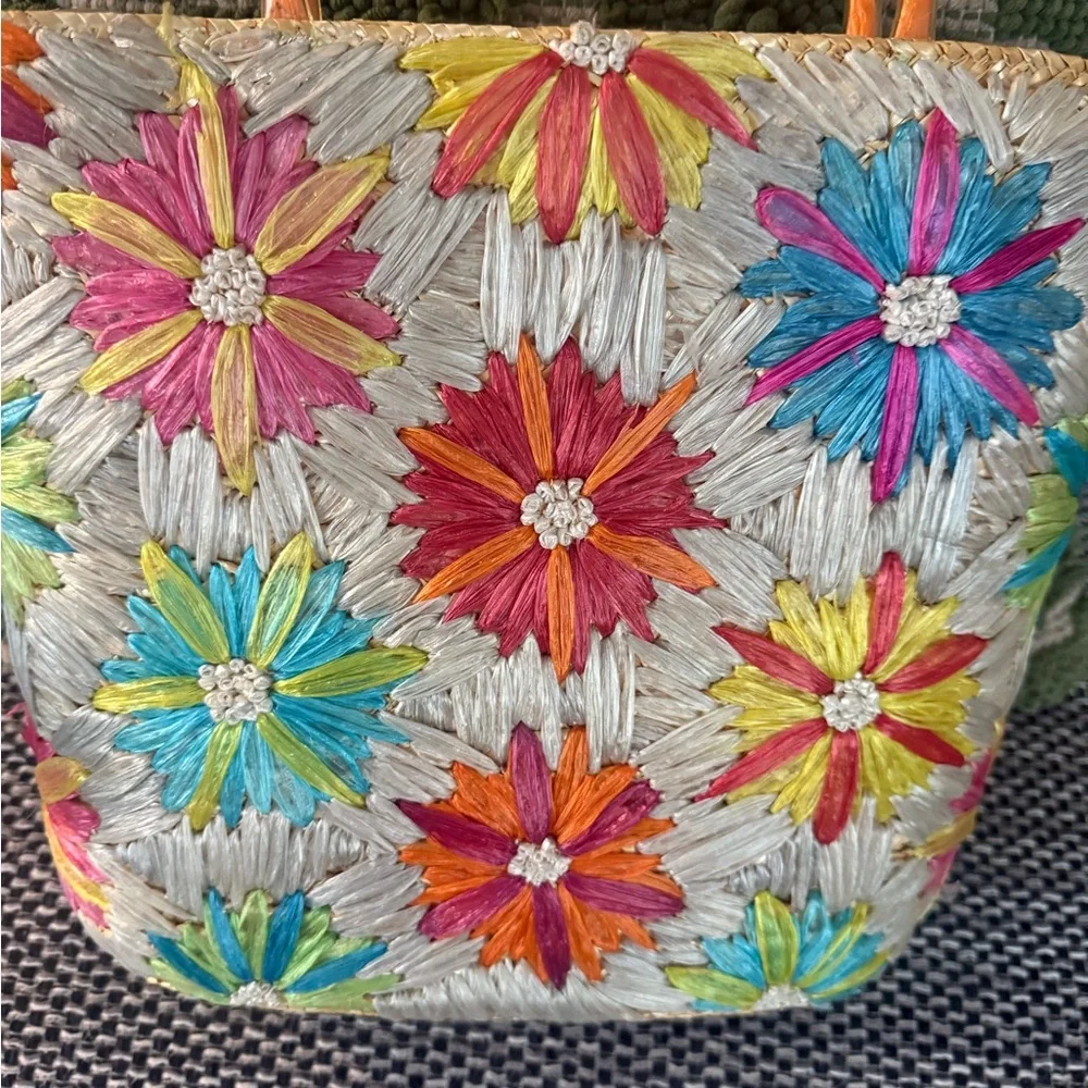 Colorful vintage Floral Straw Tote Bag with Orange Handles